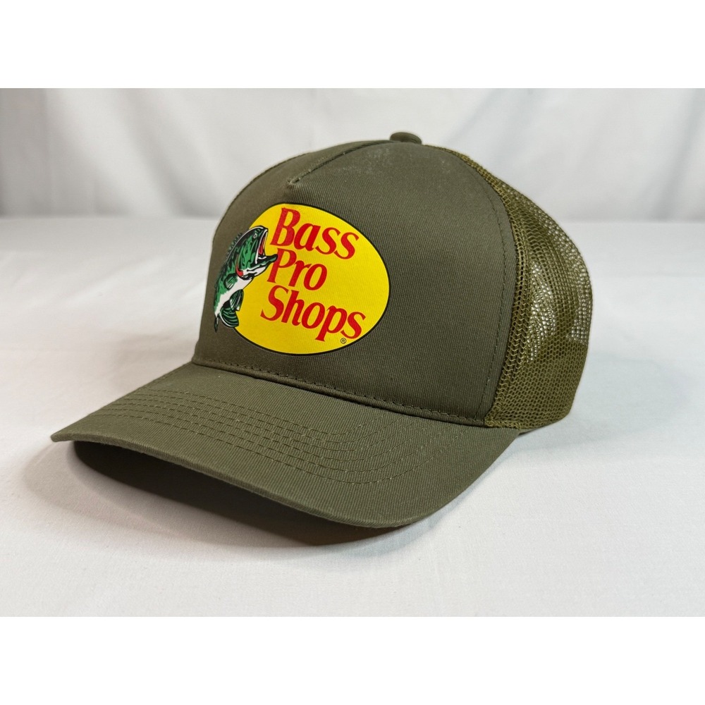 Bass Pro Shops Mesh Back Trucker Hat Olive Green Snapback Fishing Cap NWOT